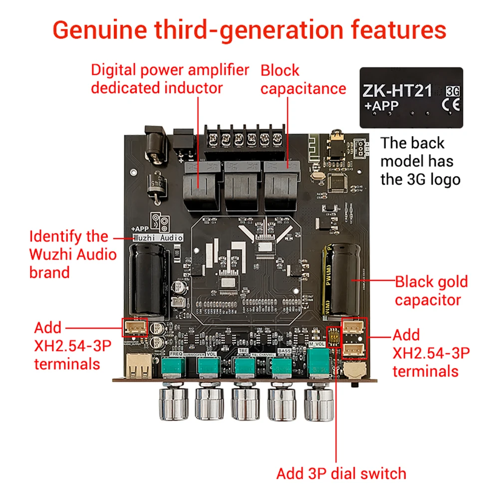 HT21-3G 2.1 Channel TDA7498E Bt Amplifier Module Subwoofer 160Wx2+220V Treble Bass Wuzhi Audio Supports APP