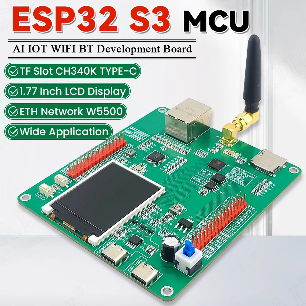 ESP32-S3 Development Board with 1.77 Inch LCD Display BT 2.5dbi WiFi Module AI Internet of Things W5500 ETH N16R8 CH340K Type-C