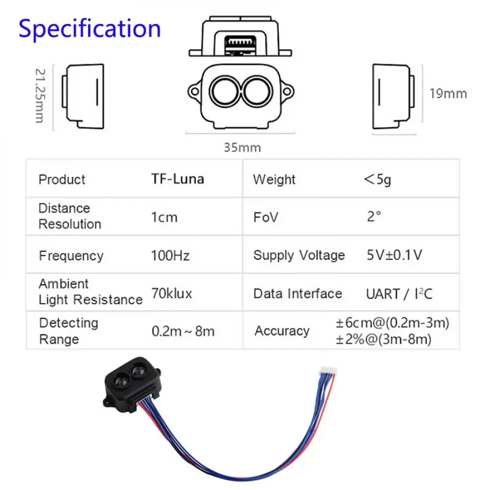 TF-Luna LiDAR Distance Sensor Module Single-Point Micro Ranging 5V UART/I2C for Arduino Pixhawk Drone Robot Obstacle Avoidance