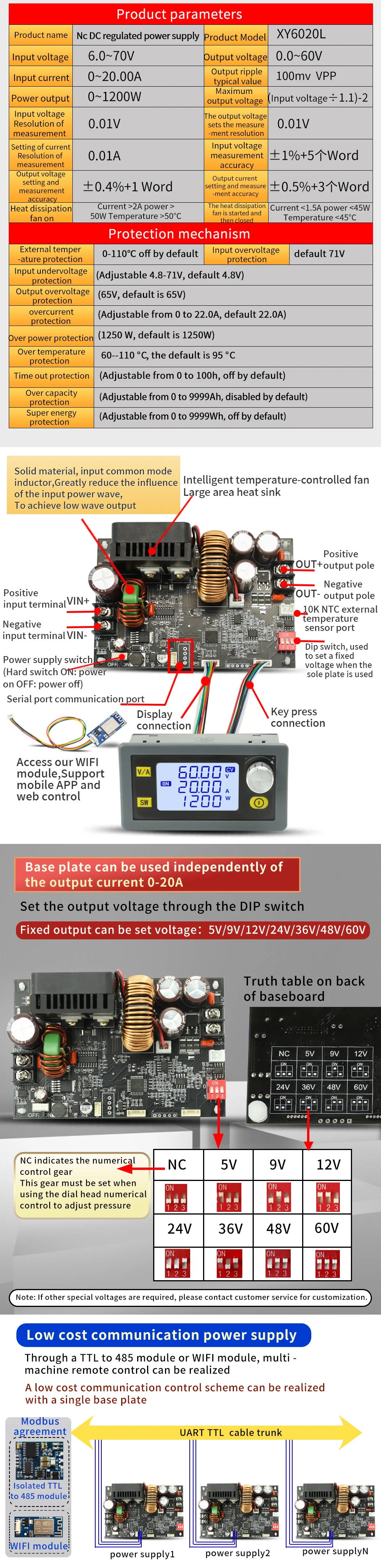 XY6020L CNC adjustable DC stabilized voltage power supply constant voltage and current maintenance 20A/1200W step-down module