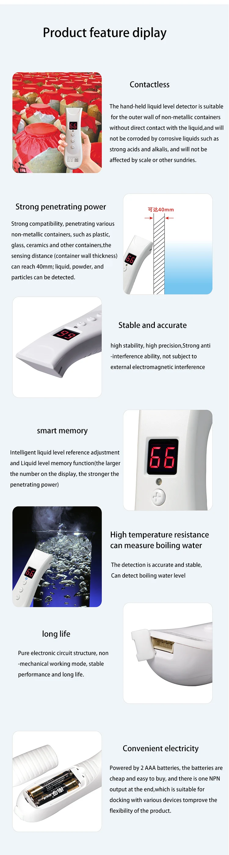 XKC-E700 Handheld Water Liquid Wine Level Detector Portable Tank Monitor Pipe Sensors with Built-in Buzzer
