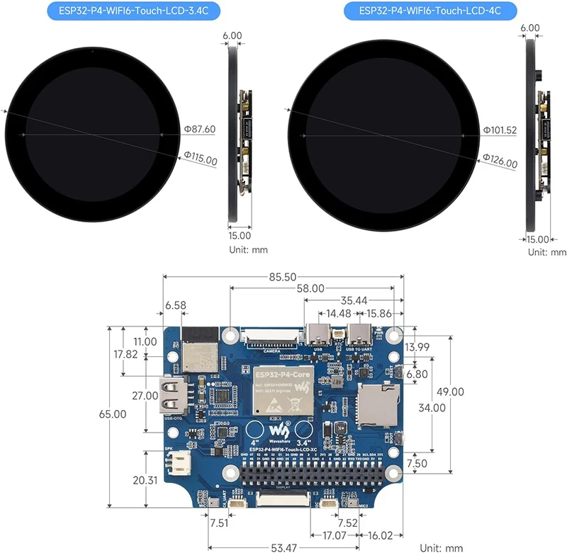 Waveshare ESP32-P4 3.4inch WIFI6 IPS Round Touch LCD Display RISC-V Development Board 800x800 Support ESP-IDF VSCode Arduino IDE