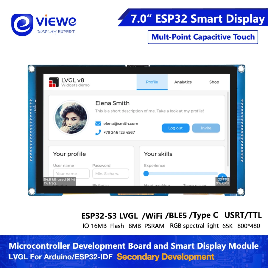 ESP32-S3 7 inch Capacitive Touch Screen Development Board IPS TFT Display Touch Screen Ar-duino LVGL WIFI BLe Uart Smart Module