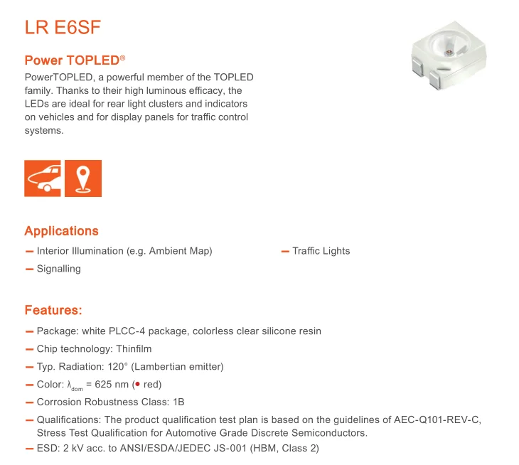 100PCS LR E6SF LRE6SF 3528 RED LED PLCC-4 COMMON CATHODE 2375MCD 2.05V 50mA 625-633nm original