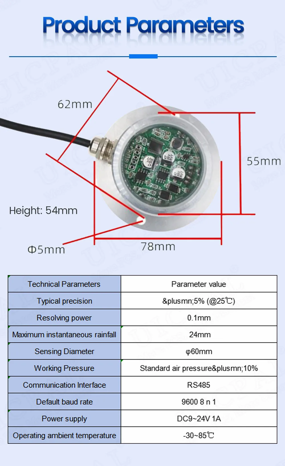 Outdoor Weather Rain Gauge Dual Channel Output RS485 Pulse Infrared Optical Rain Sensor Module 0.1MM Resolution High Precision