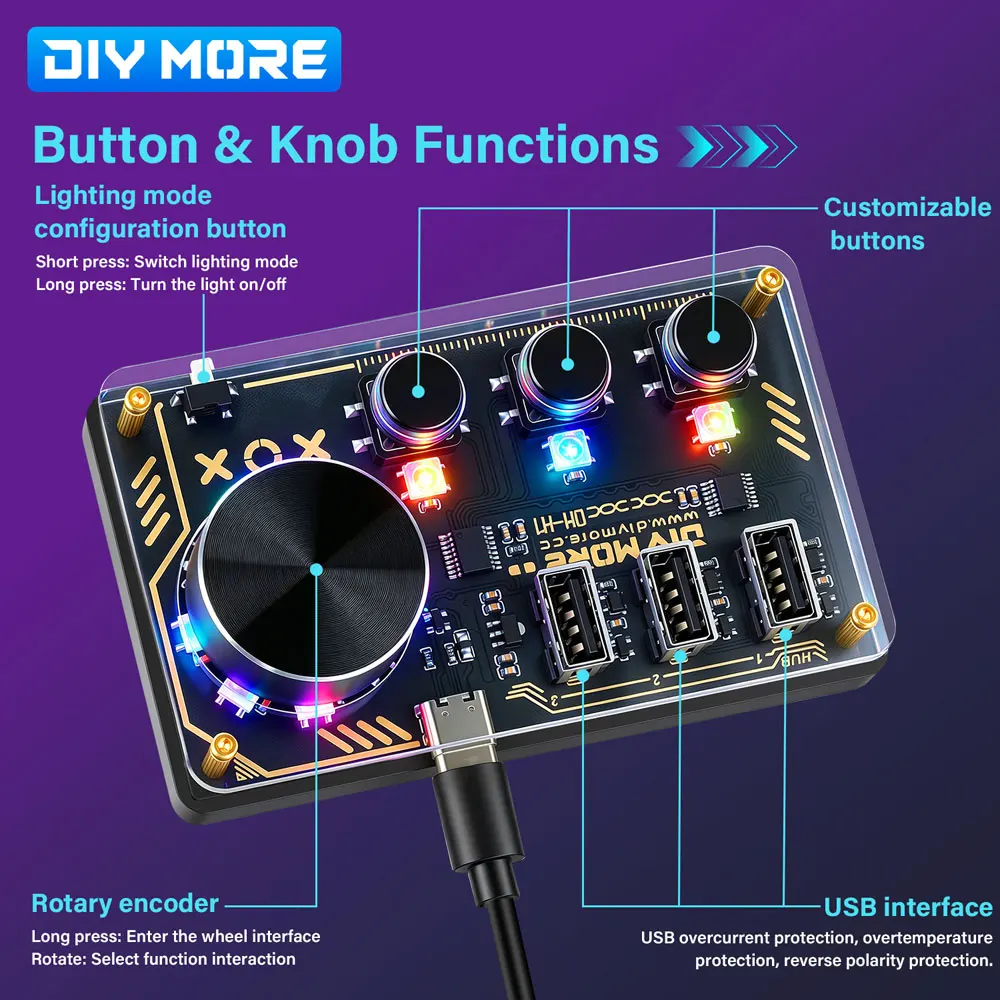 DC 5V Diymore Hub Dm-H1 Hub Docking Station 3 Programmable Keys WS2812B RGB LED Lights Custom Keyboard Desktop Controller Type C