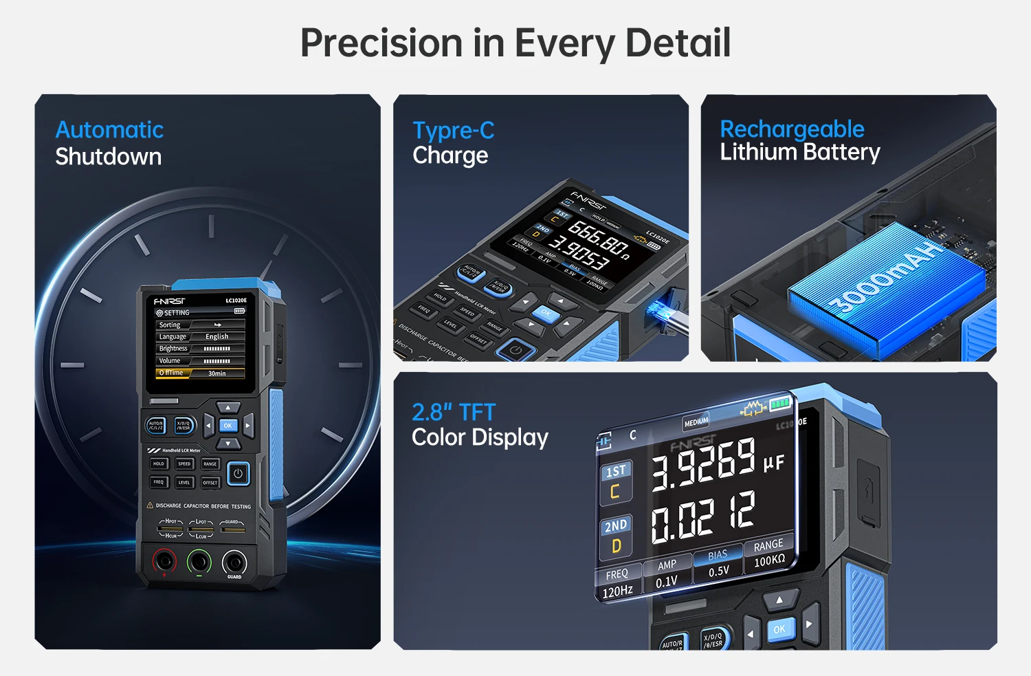 FNIRSI LC1020E High Precision Digital Bridge LCR ESR Tester Resistance Capacitance Inductance Electronic Component Measurement