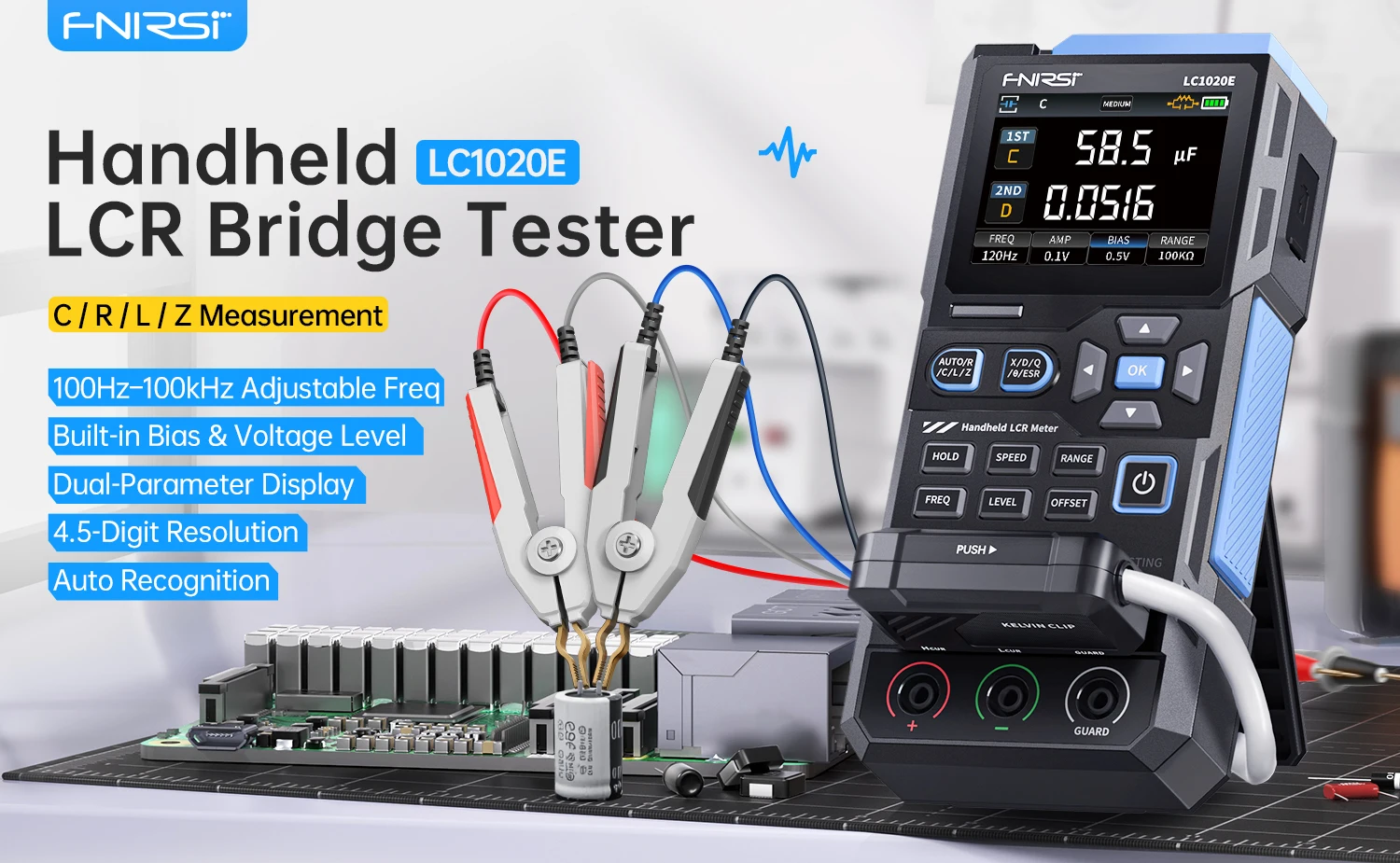 FNIRSI LC1020E High Precision Digital Bridge LCR ESR Tester Resistance Capacitance Inductance Electronic Component Measurement