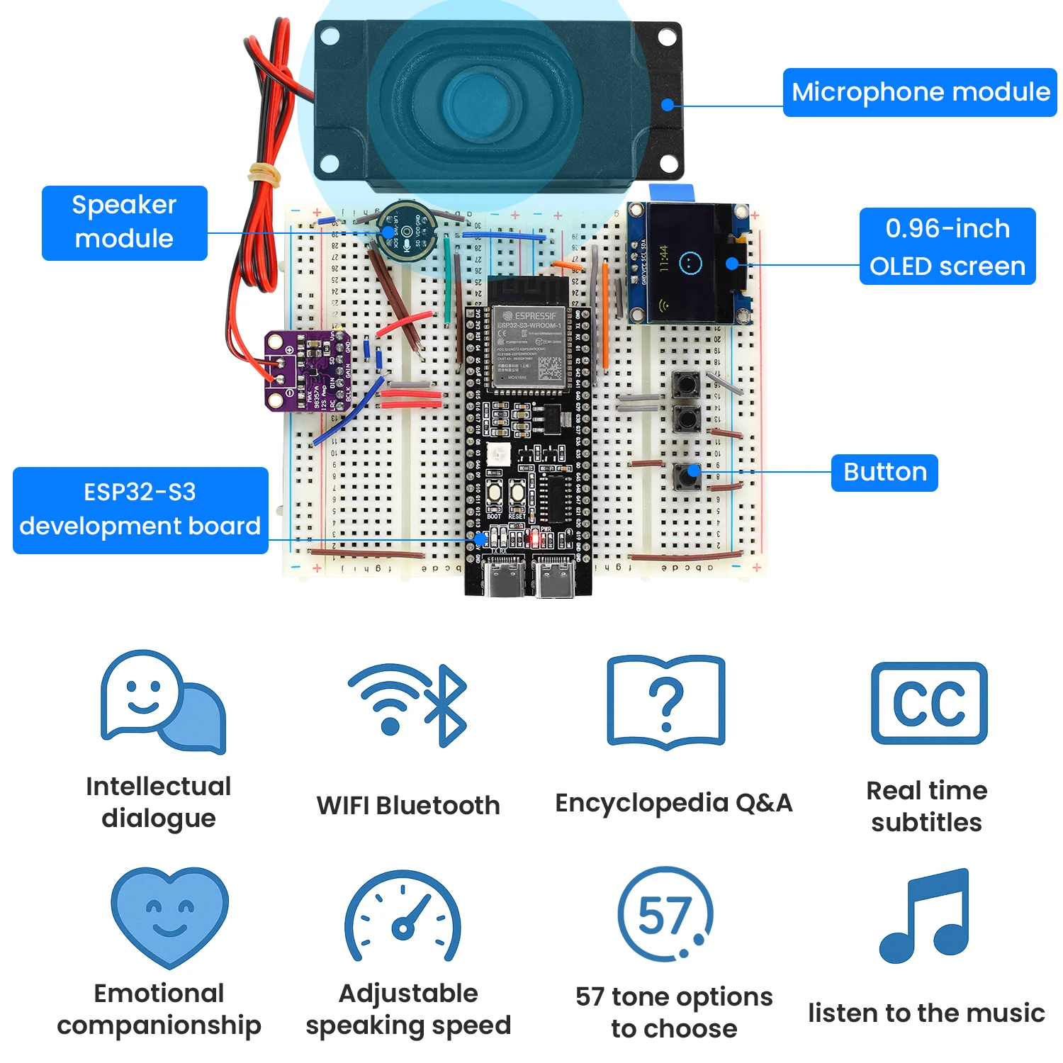 Keyestudio Xiao Zhi AI Chatbot Breadboard DIY Kit For ESP32 S3 N16R8 Control Board DIY Emotional Communication Learning Kit