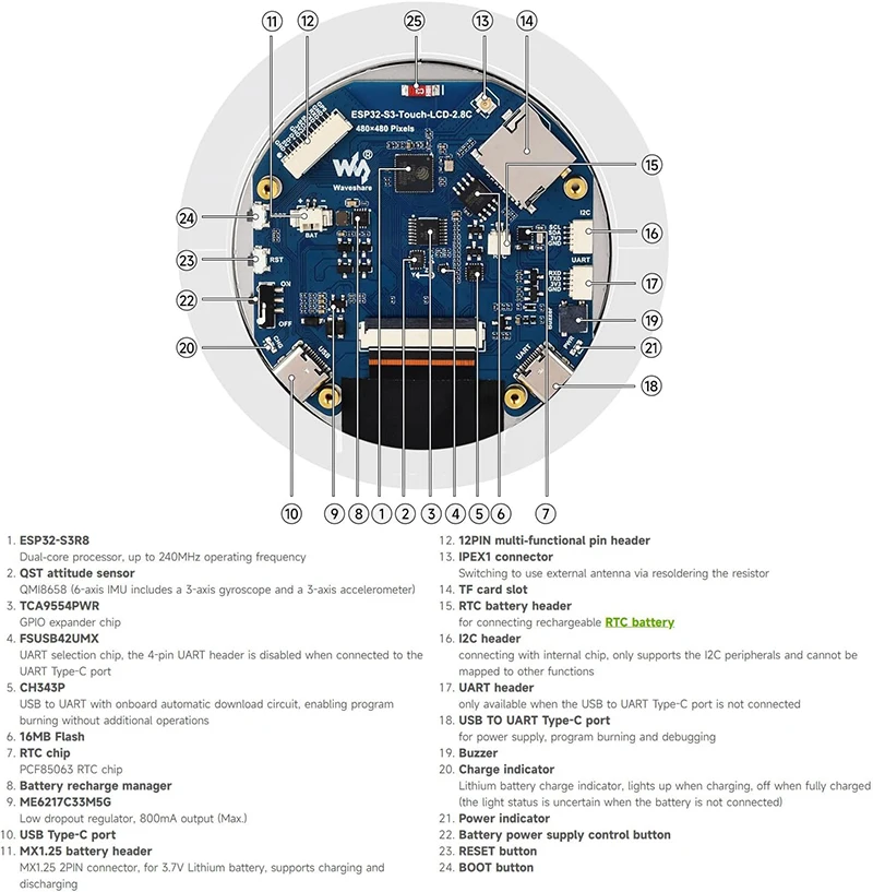 Waveshare ESP32-S3 2.8inch IPS Touchscreen Round LCD Development Board 32-bit LX7 Processor ESP32 Display for ArduinoIDE ESP-IDF
