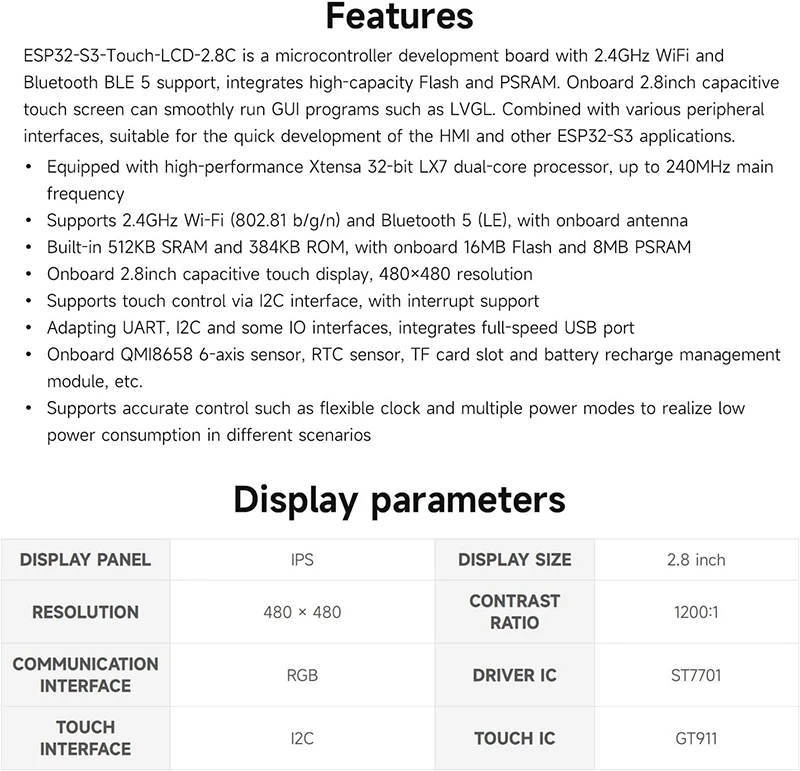 Waveshare ESP32-S3 2.8inch IPS Touchscreen Round LCD Development Board 32-bit LX7 Processor ESP32 Display for ArduinoIDE ESP-IDF