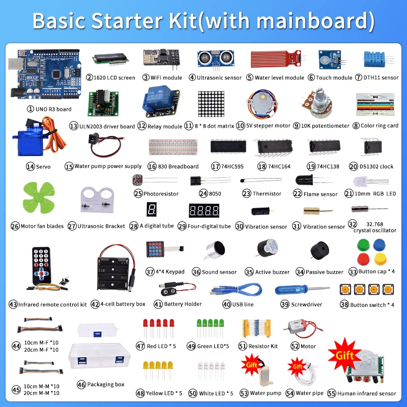 Super Starter kit with wifi module, 130 motor, HC-SR501, 1602, relay, water sensor, HC-sr04, RGB module for Arduino Diy Kit