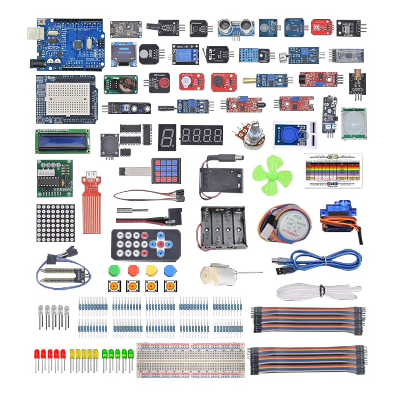 Super Starter kit with wifi module, 130 motor, HC-SR501, 1602, relay, water sensor, HC-sr04, RGB module for Arduino Diy Kit