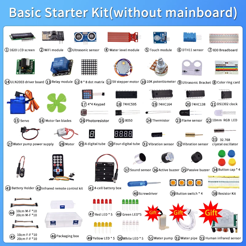 Super Starter kit with wifi module, 130 motor, HC-SR501, 1602, relay, water sensor, HC-sr04, RGB module for Arduino Diy Kit