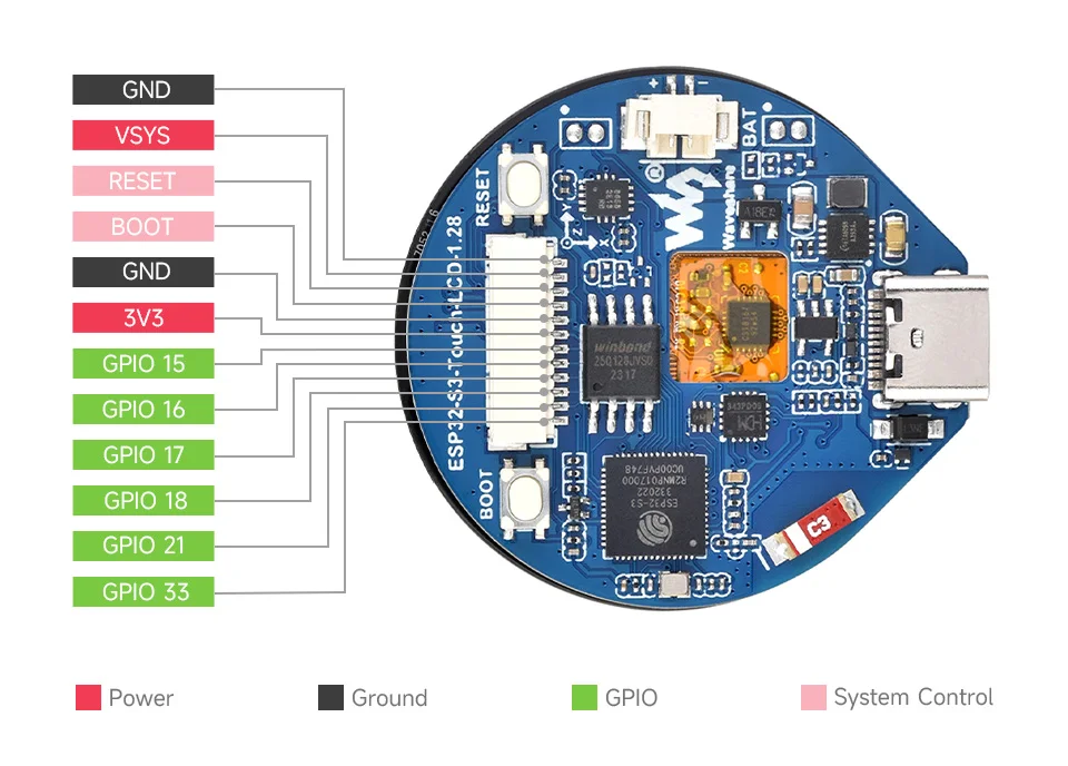 Waveshare ESP32-S3 1.28 inch Touchscreen Round Display Development Board 240X240 Pixel GC9A01 Driver for Arduino IDE MicroPython