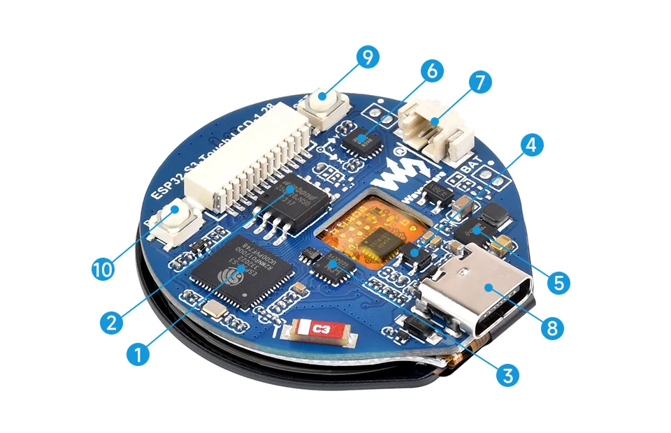 Waveshare ESP32-S3 1.28 inch Touchscreen Round Display Development Board 240X240 Pixel GC9A01 Driver for Arduino IDE MicroPython