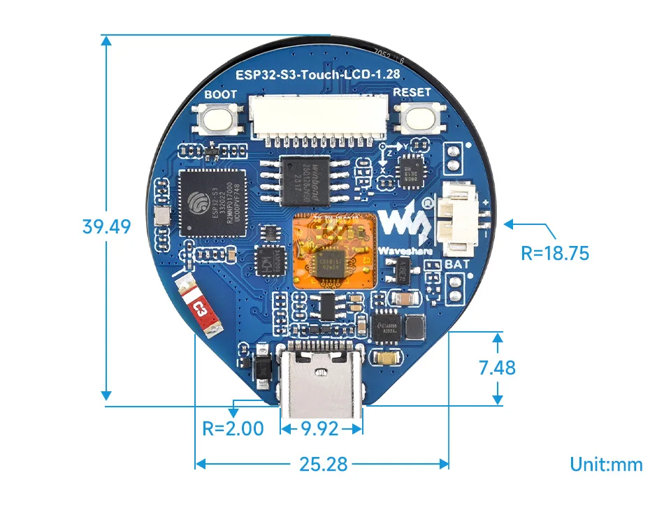Waveshare ESP32-S3 1.28 inch Touchscreen Round Display Development Board 240X240 Pixel GC9A01 Driver for Arduino IDE MicroPython