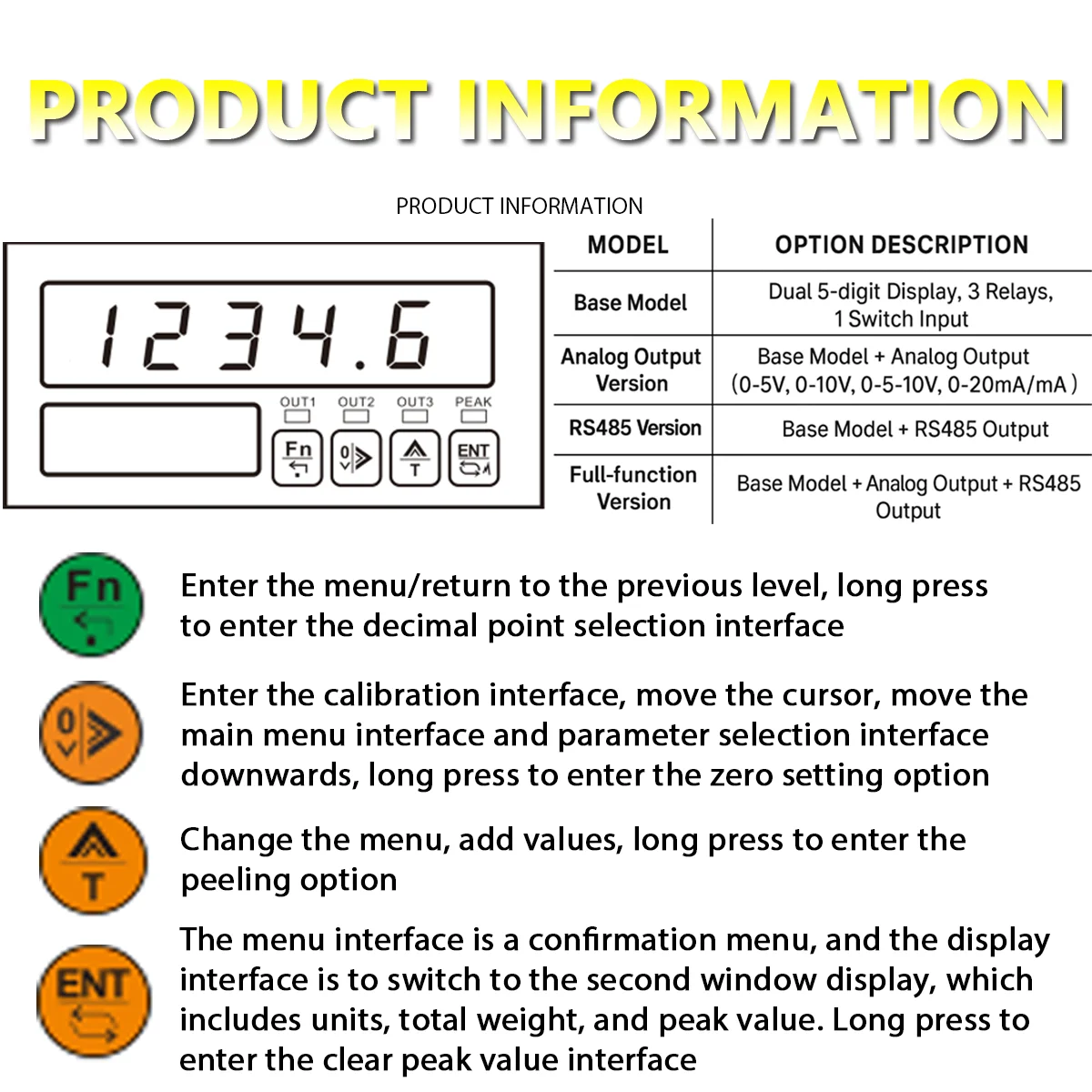 Dual Screen Weight Indicator High Resolution 1/1,000,000 Force Sensor Meter Modbus-RTU 4-20mA Analog Out Relay Control