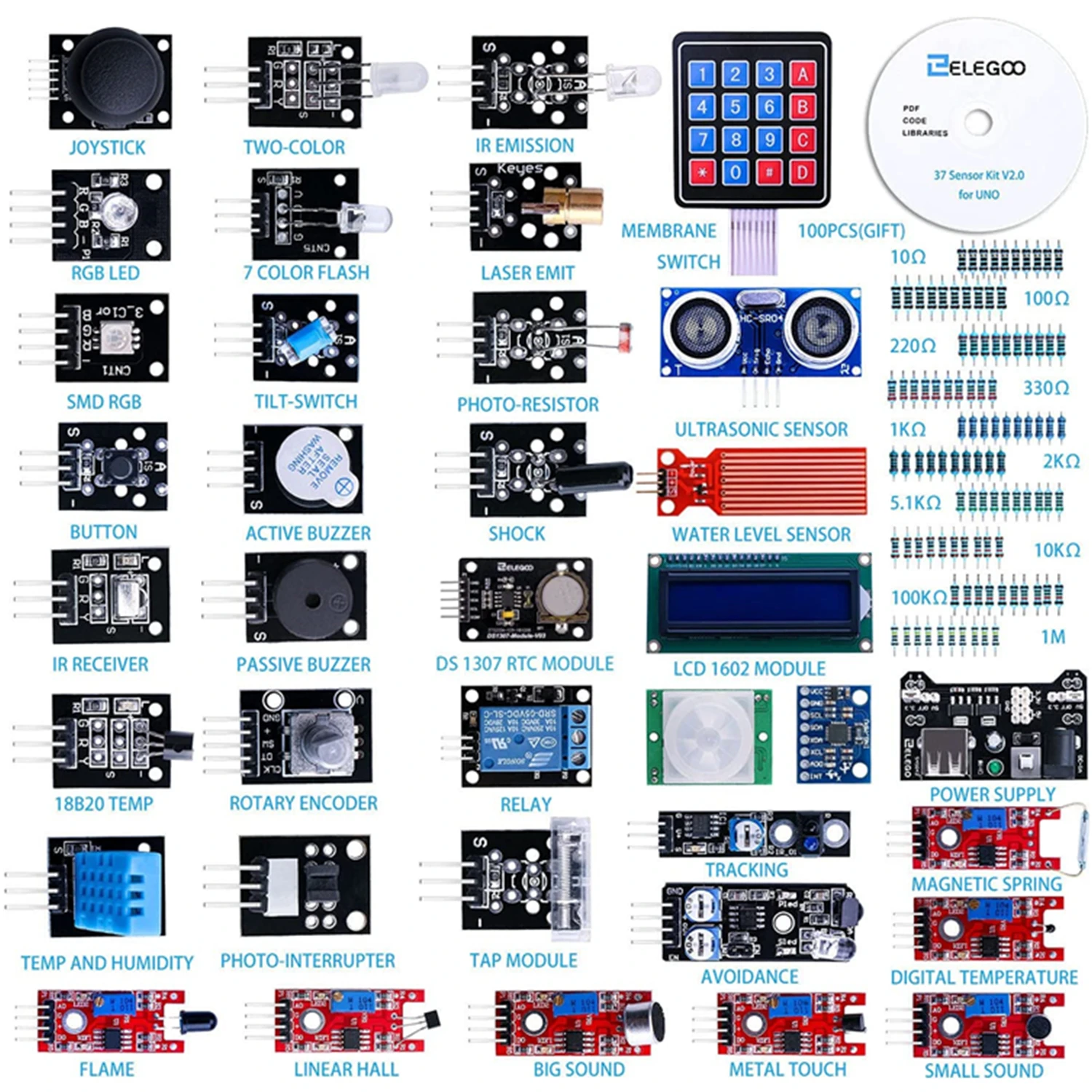 ELEGOO Upgraded 37-in-1 Sensor Modules Kit with Tutorial, Compatible with Arduino® IDE — for UNO R3, MEGA, Nano DIY Electronic K