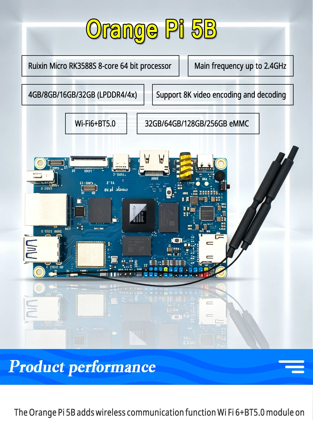 LIZAO Orange Pi 5B Development Board, RK3588S 8-Core Processor, 4-32GB RAM, 32-256GB EMMC, Wi-Fi 6 for IoT & Home Automation