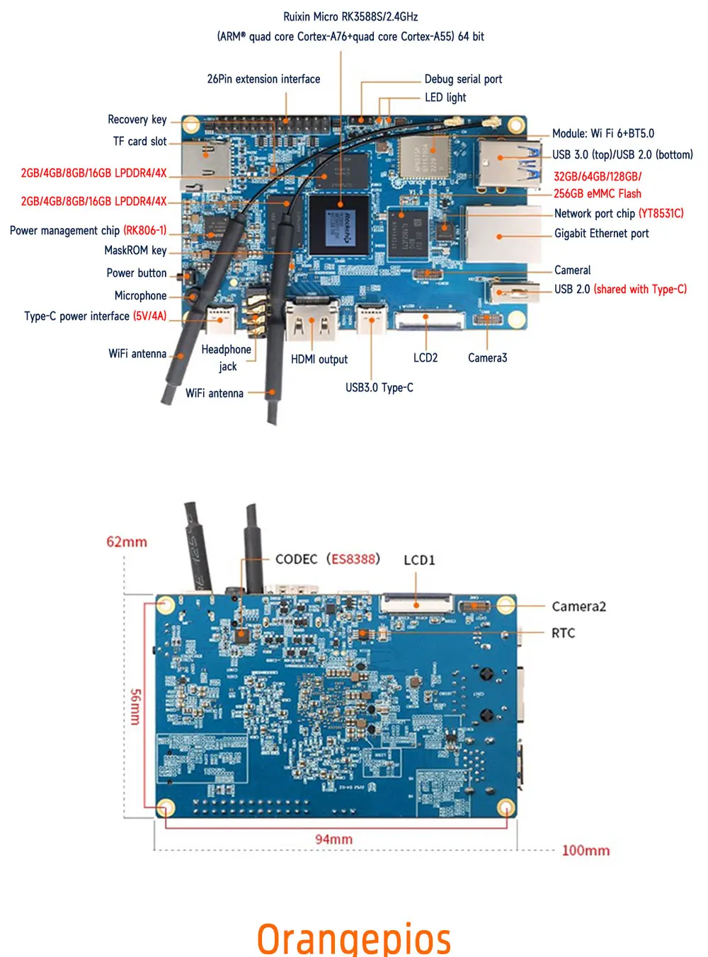 LIZAO Orange Pi 5B Development Board, RK3588S 8-Core Processor, 4-32GB RAM, 32-256GB EMMC, Wi-Fi 6 for IoT & Home Automation