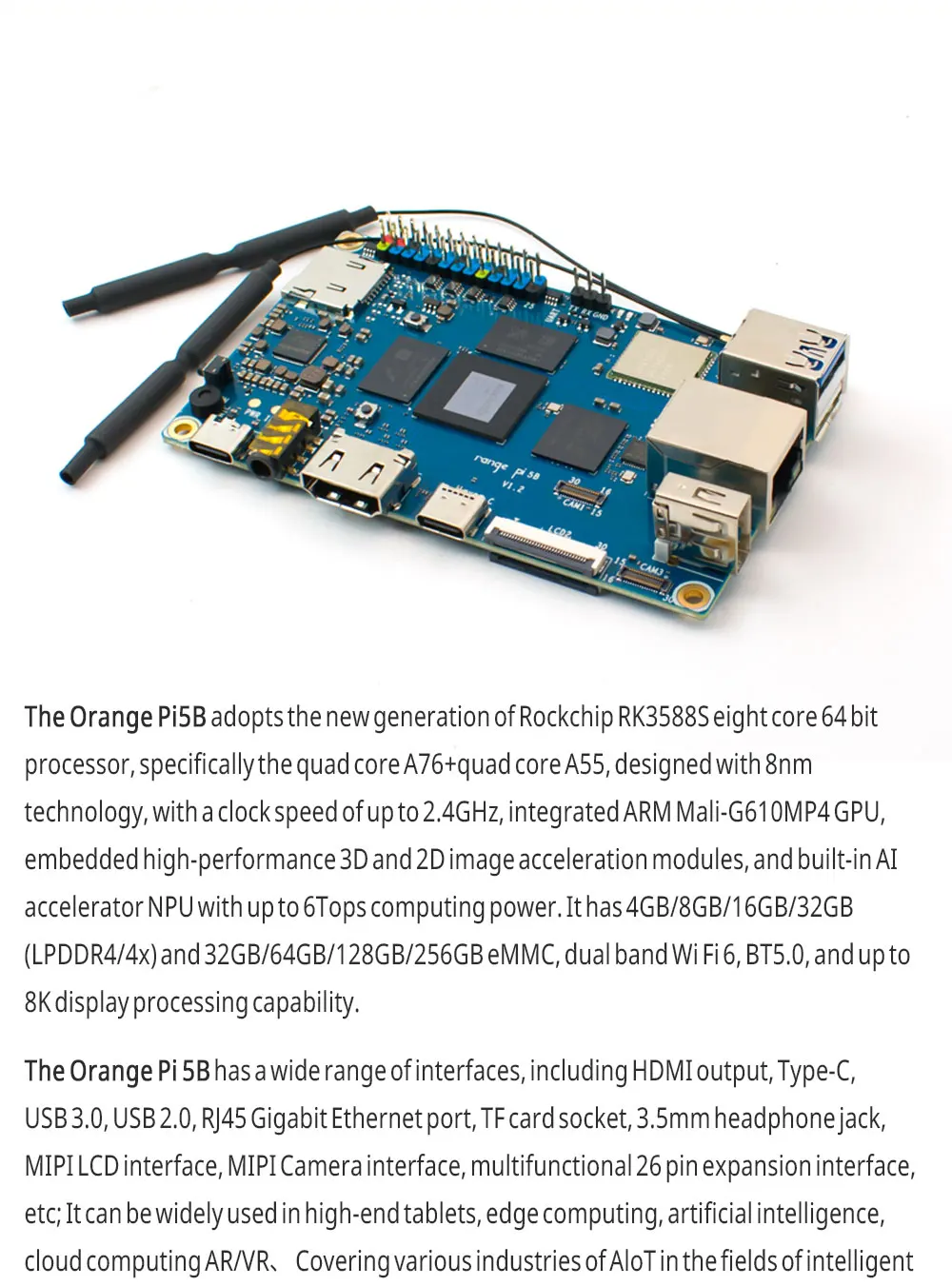LIZAO Orange Pi 5B Development Board, RK3588S 8-Core Processor, 4-32GB RAM, 32-256GB EMMC, Wi-Fi 6 for IoT & Home Automation