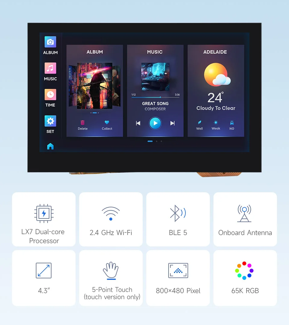 Waveshare ESP32-S3-LCD-4.3,ESP32-S3 4.3inch Display Development Board,800×480,Options For Touch Function,32-bit LX7 Dual-core