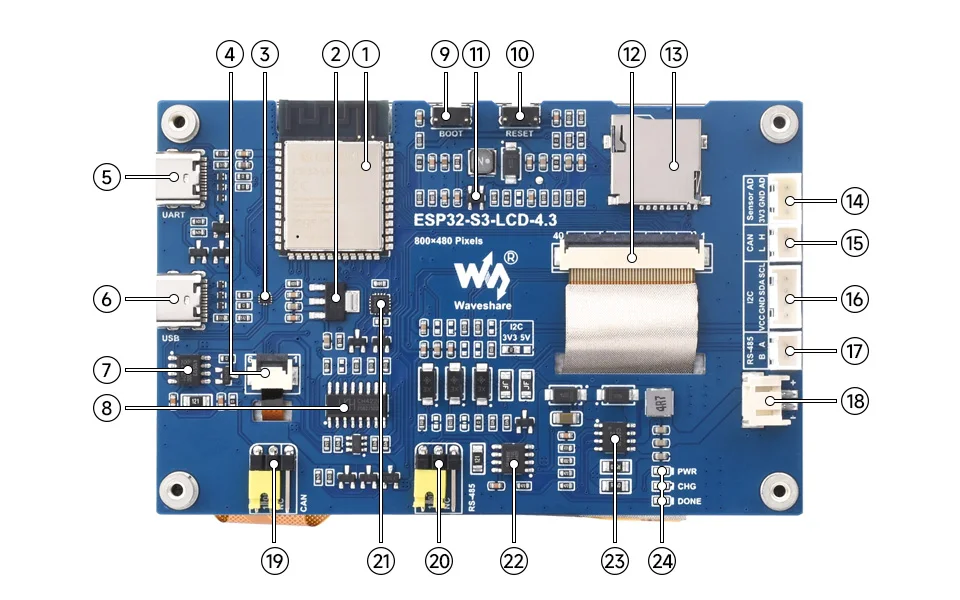 Waveshare ESP32-S3-LCD-4.3,ESP32-S3 4.3inch Display Development Board,800×480,Options For Touch Function,32-bit LX7 Dual-core