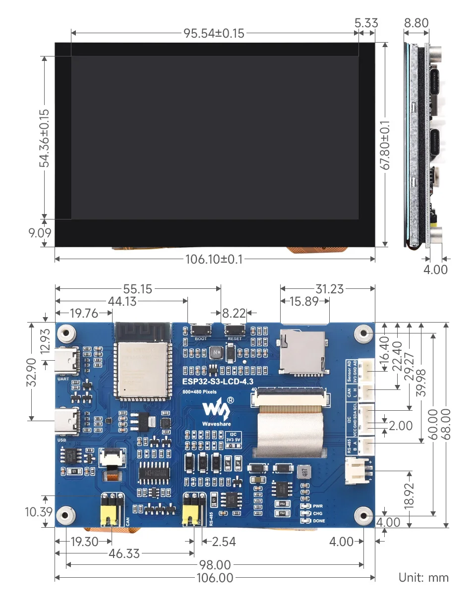 Waveshare ESP32-S3-LCD-4.3,ESP32-S3 4.3inch Display Development Board,800×480,Options For Touch Function,32-bit LX7 Dual-core