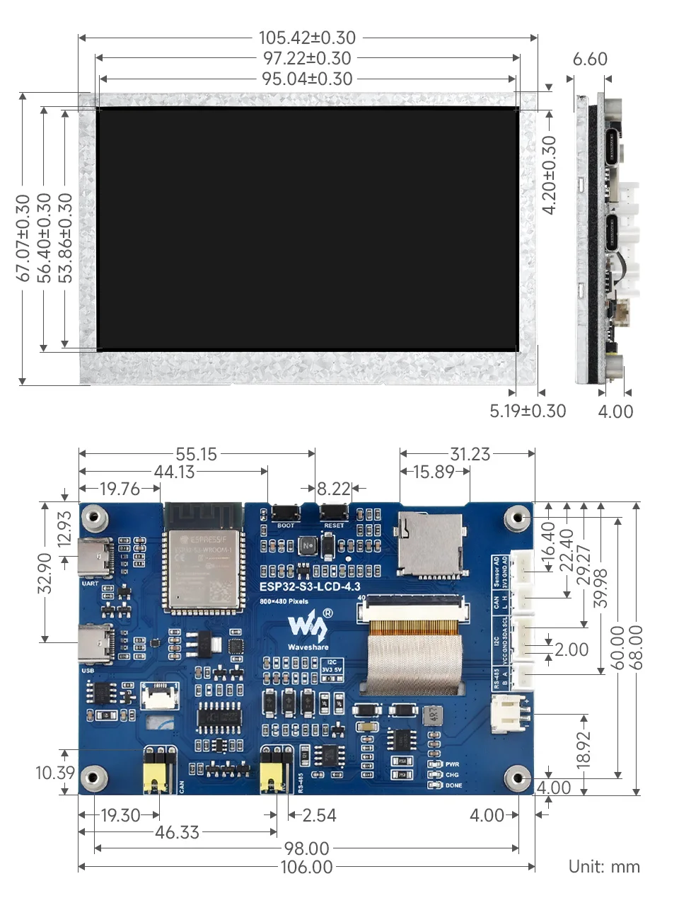Waveshare ESP32-S3-LCD-4.3,ESP32-S3 4.3inch Display Development Board,800×480,Options For Touch Function,32-bit LX7 Dual-core