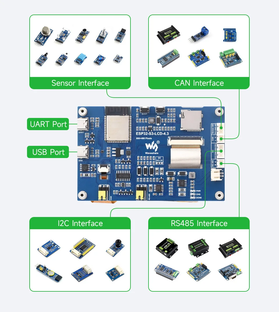 Waveshare ESP32-S3-LCD-4.3,ESP32-S3 4.3inch Display Development Board,800×480,Options For Touch Function,32-bit LX7 Dual-core