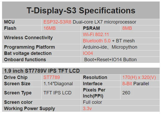 T-Display-S3 ESP32 S3 with 1.9 inch ST7789 LCD Display Development Board WIFI Bluetooth5.0 Wireless Module 170*320 Resolution