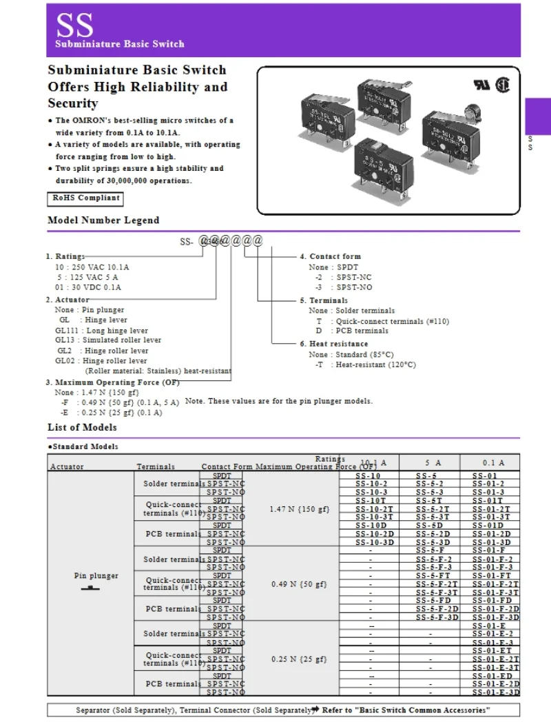 50 100 pcs SS-5 SS-5GL SS-5GL2 SS-5GL13 Limit Micro switch SS 5A Three Straight Legs Mouse Side Key Momentary Micro Limit Switch