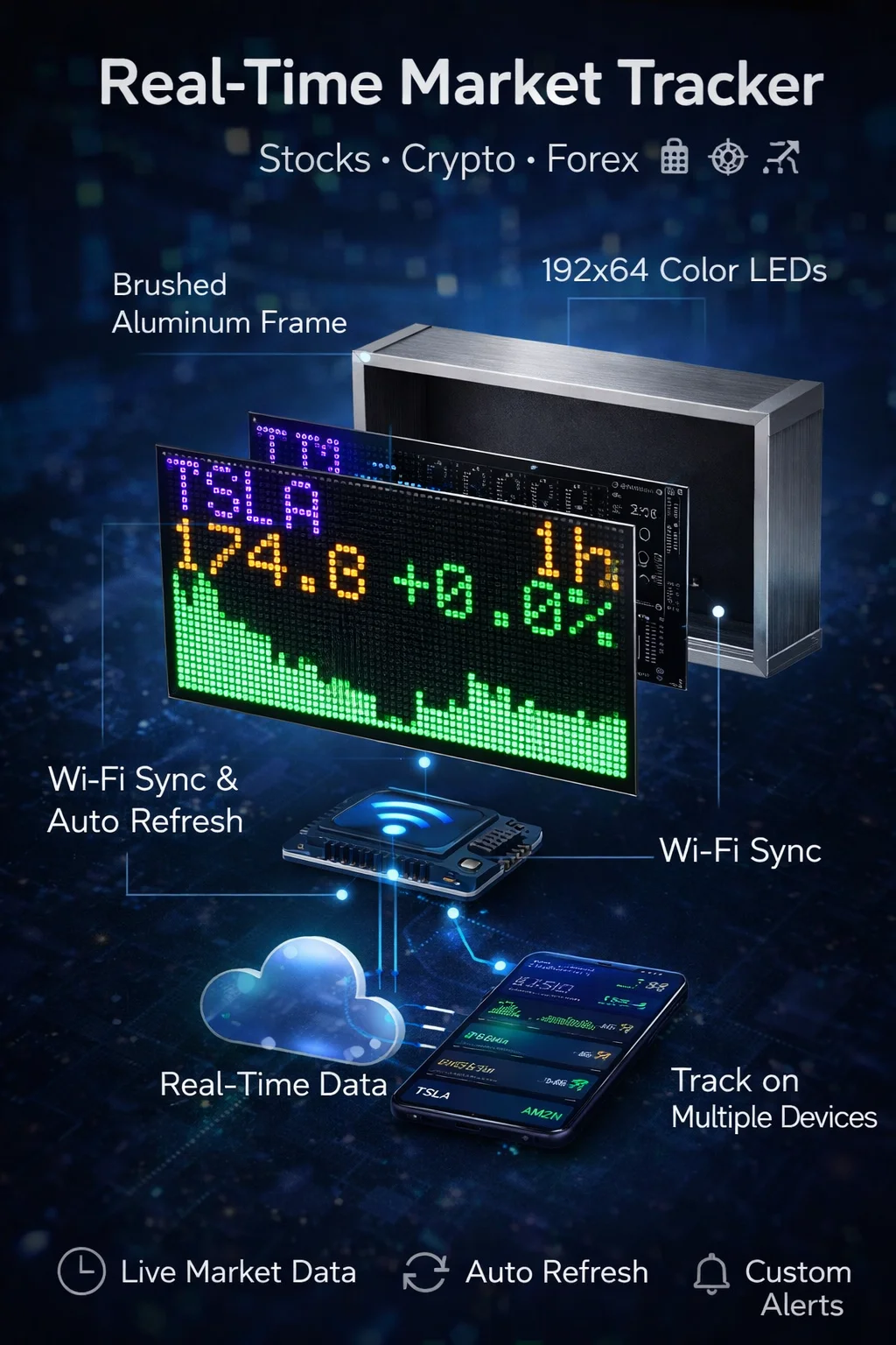 WiFi Crypto Price Display Real-Time Bitcoin Stock Ticker LED Pixel Screen Desktop Monitor