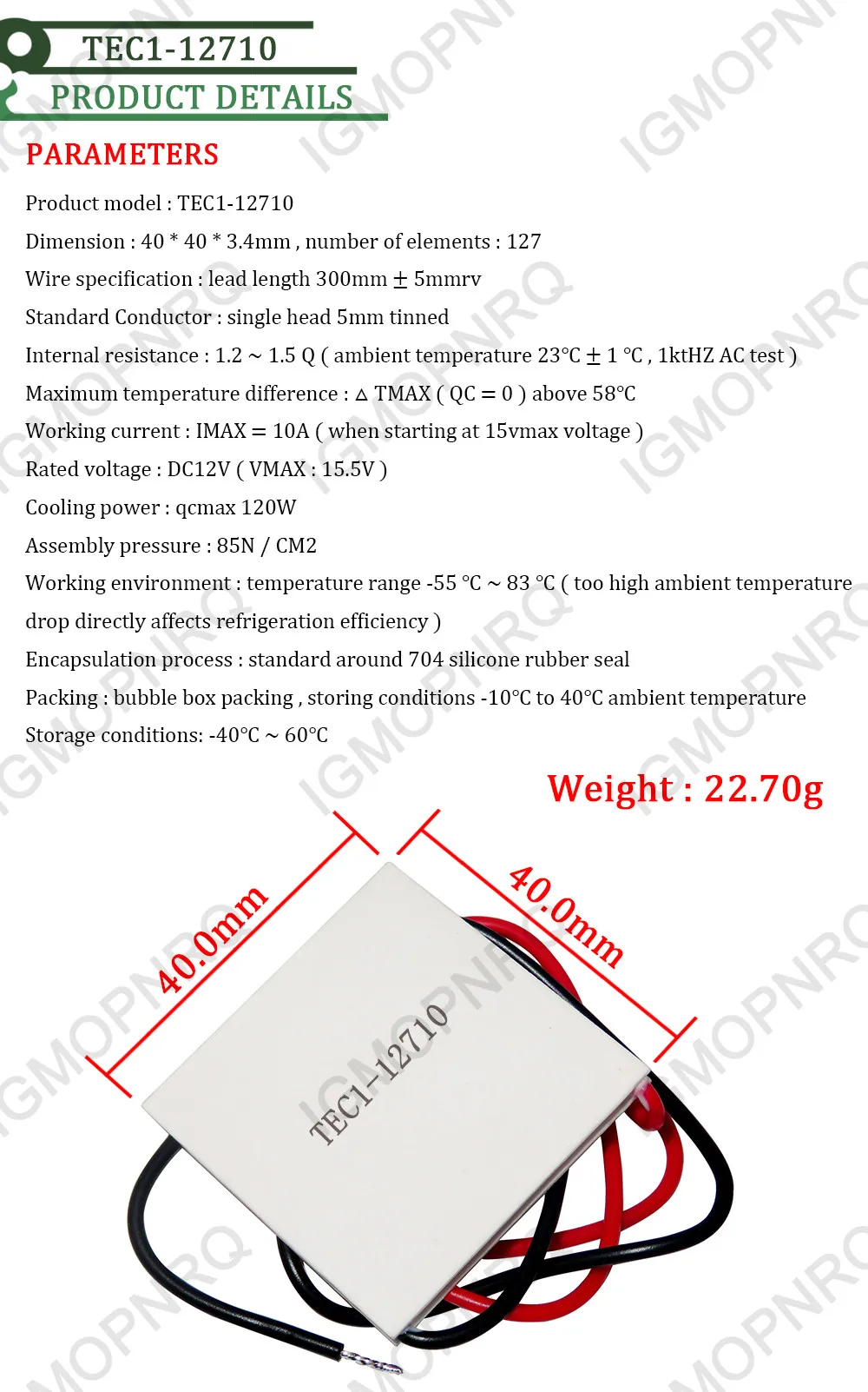 Free Shipping 10pcs 100W TEC1-12710 DC12V 10A Thermoelectric Cooler Peltier 40*40*3.6MM TEC1 12710