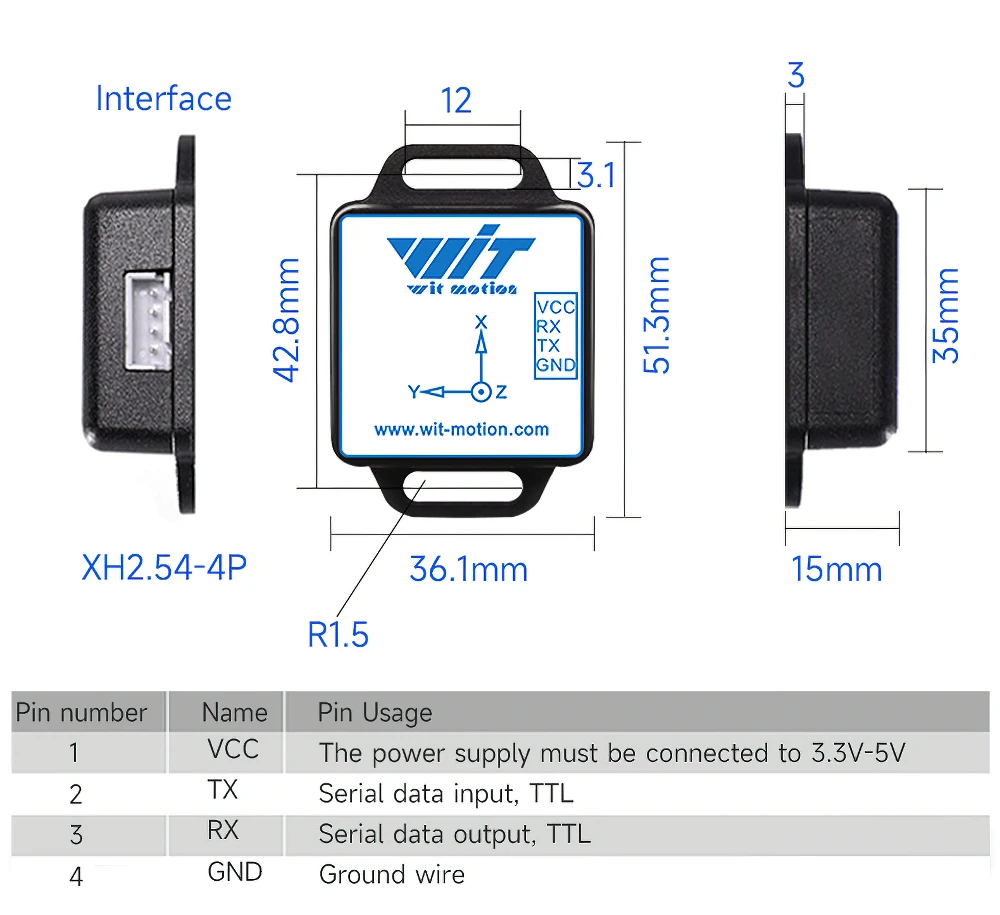 WitMotion WT901C485 9-Axis AHRS Inclinometer Acceleration+Gyro+Angle (XY 0.05° Accuracy)+Digital Compass, RS485 Modbus Protocol