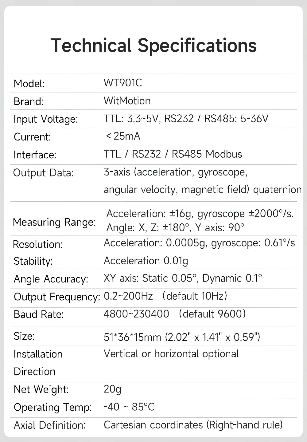 WitMotion WT901C485 9-Axis AHRS Inclinometer Acceleration+Gyro+Angle (XY 0.05° Accuracy)+Digital Compass, RS485 Modbus Protocol