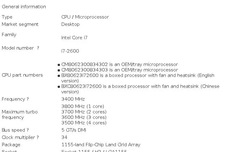 Core i7-2600 i7 2600 3.4 GHz Quad-Core CPU Processor 8M 95W LGA 1155