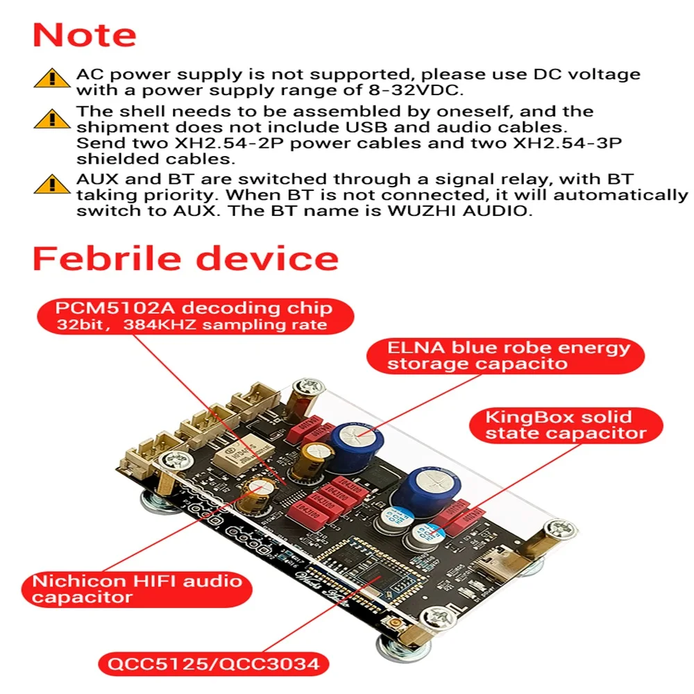 ZK-QCC Qualcomm QCC5125 QCC3034 Bluetooth 5.1 Lossless Decoding Board APTX LDAC Audiophile Grade DC8-32V PCM5102A DAC Chip
