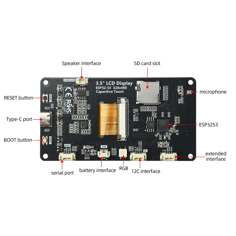 ESP32-S3 3.5-inch WiFi and Bluetooth Development Board, 320×480 Smart Touchscreen, Supports XiaoZhi AI, Type-C Port