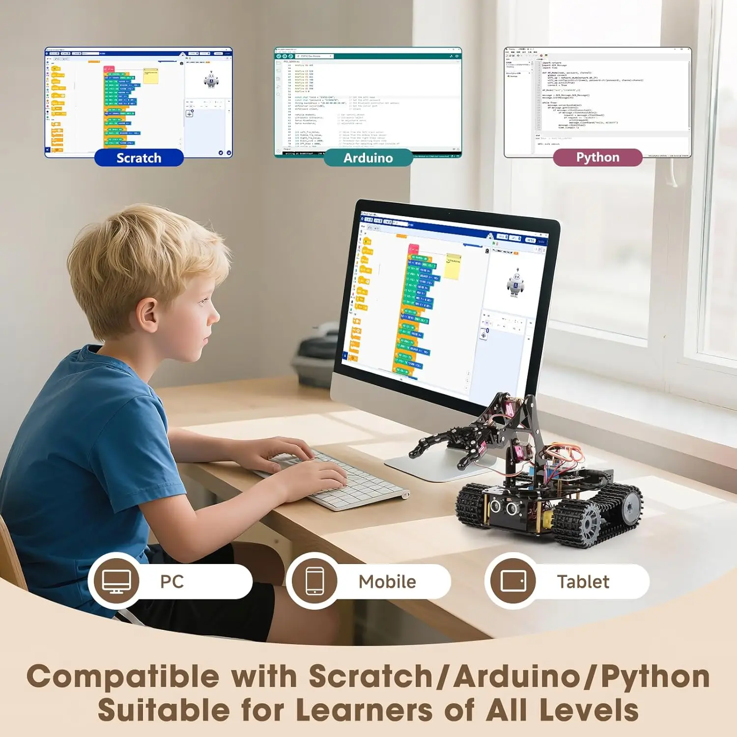 Robotics for Kids Ages 12-16 ACEBOTT 4 in 1 Smart Robot Arm with 5DOF + Tank Car STEM Toys Coding Kit for Arduino Scratch App