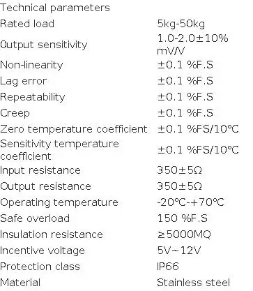 High Precision Load Cell SM2, 5kg-50kg Stainless Steel IP66 Waterproof, 2.0±10% Output Sensitivity, Operating Temp -20℃ to 70℃