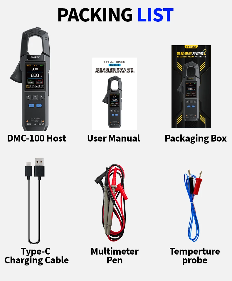 FNIRSI DMC-100 DC AC Current Clamp Meter 10000 Counts Digital Multimeter 600A Amperimetric Clamp Tester NCV Electrician Tools