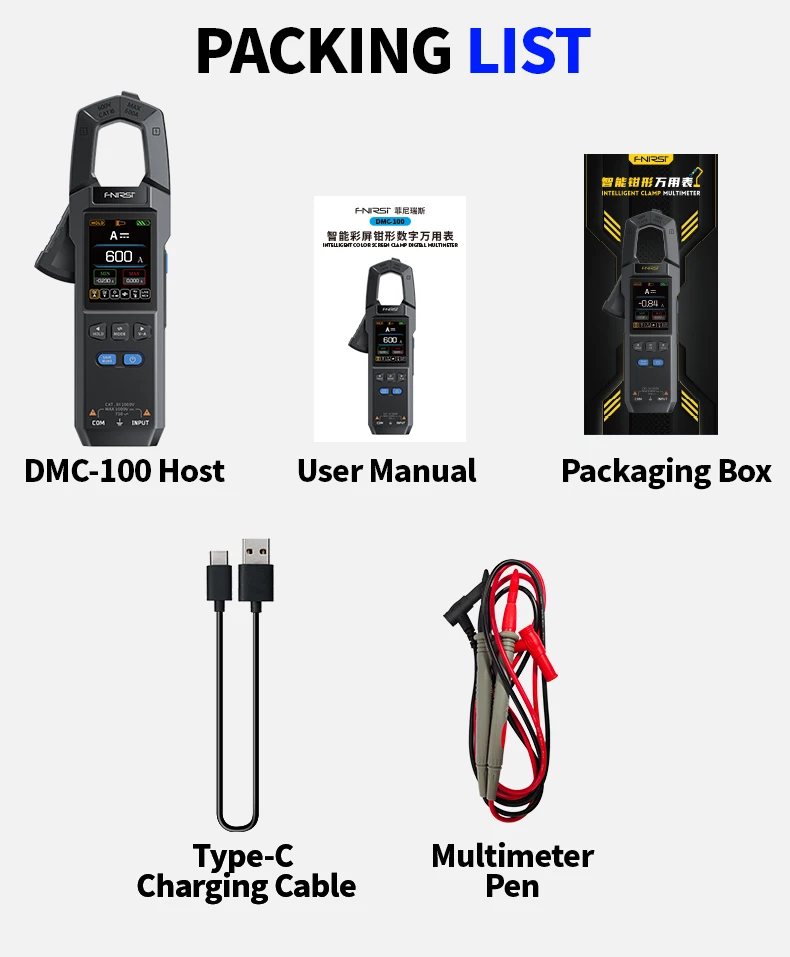 FNIRSI DMC-100 DC AC Current Clamp Meter 10000 Counts Digital Multimeter 600A Amperimetric Clamp Tester NCV Electrician Tools