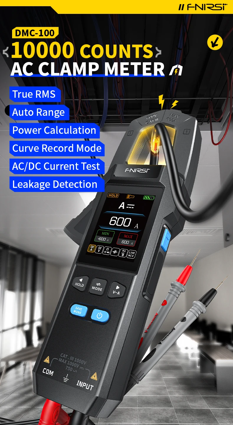 FNIRSI DMC-100 DC AC Current Clamp Meter 10000 Counts Digital Multimeter 600A Amperimetric Clamp Tester NCV Electrician Tools
