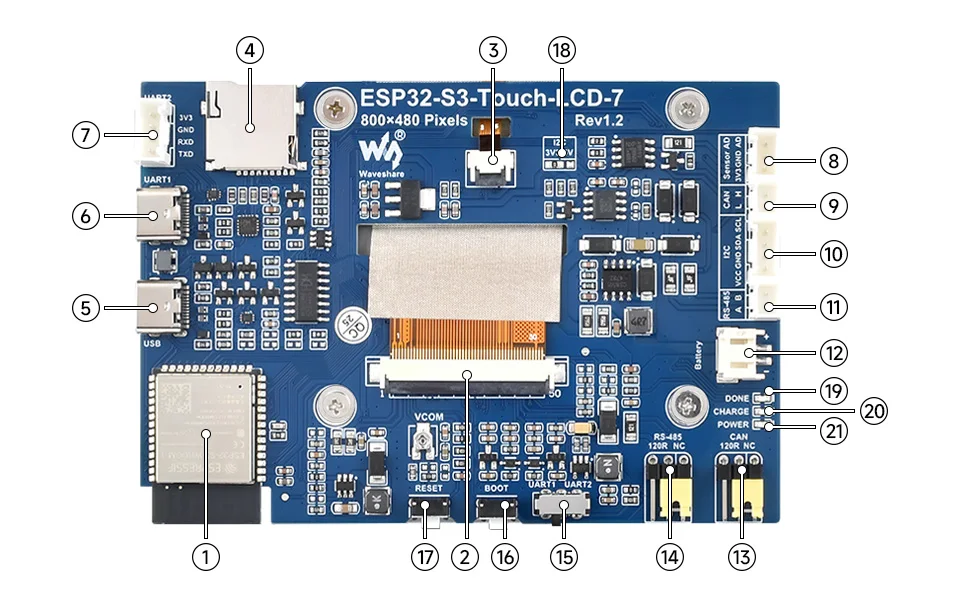 Waveshare ESP32-S3-LCD-7,ESP32-S3 7inch Display Development Board, ESP32 With Display,800×480,Options For Touch Function,32-bit