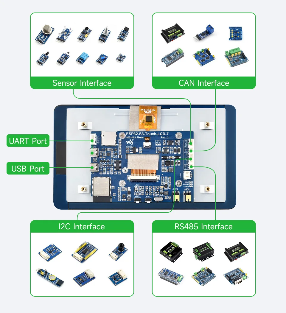 Waveshare ESP32-S3-LCD-7,ESP32-S3 7inch Display Development Board, ESP32 With Display,800×480,Options For Touch Function,32-bit