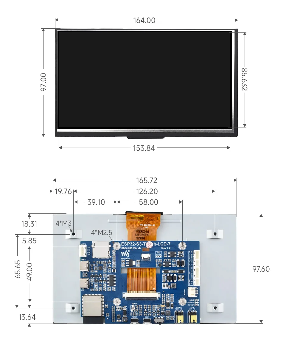 Waveshare ESP32-S3-LCD-7,ESP32-S3 7inch Display Development Board, ESP32 With Display,800×480,Options For Touch Function,32-bit