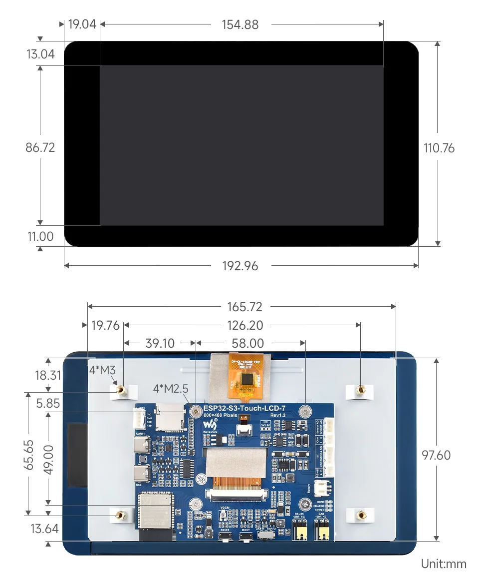 Waveshare ESP32-S3-LCD-7,ESP32-S3 7inch Display Development Board, ESP32 With Display,800×480,Options For Touch Function,32-bit