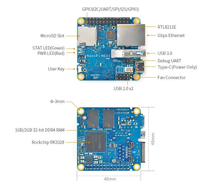 NanoPi Neo3 (1Gb DDR4 RAM) Combo, YoungSunTek, RK3328 Quad Cortex-A53 Up to 1.3GHz,1GB Ethernet,USB3.0 OpenWRT,Ubuntu,Lunix